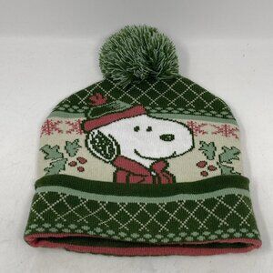 PEANUTS SNOOPY Pom Pom Beanie Hat Cap Adult OSFM Green Christmas Charlie Brown
